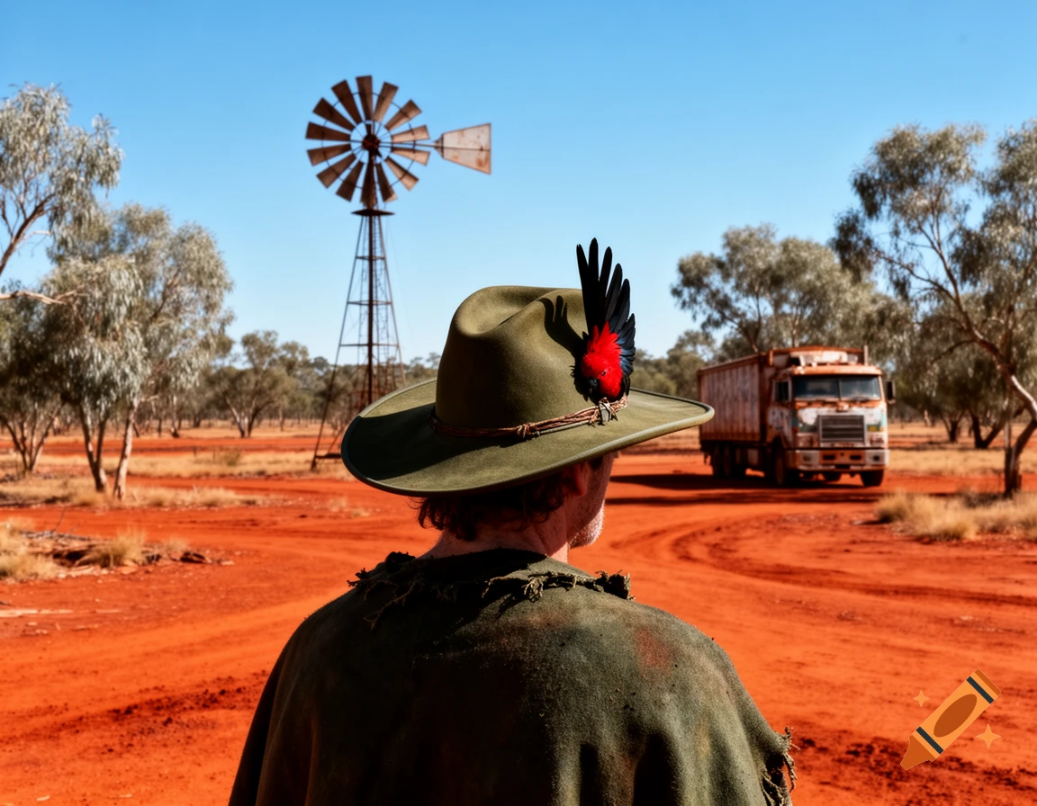 A person in a green hat with a red and black feather views an Australian outback landscape with a windmill and old truck on red dirt.