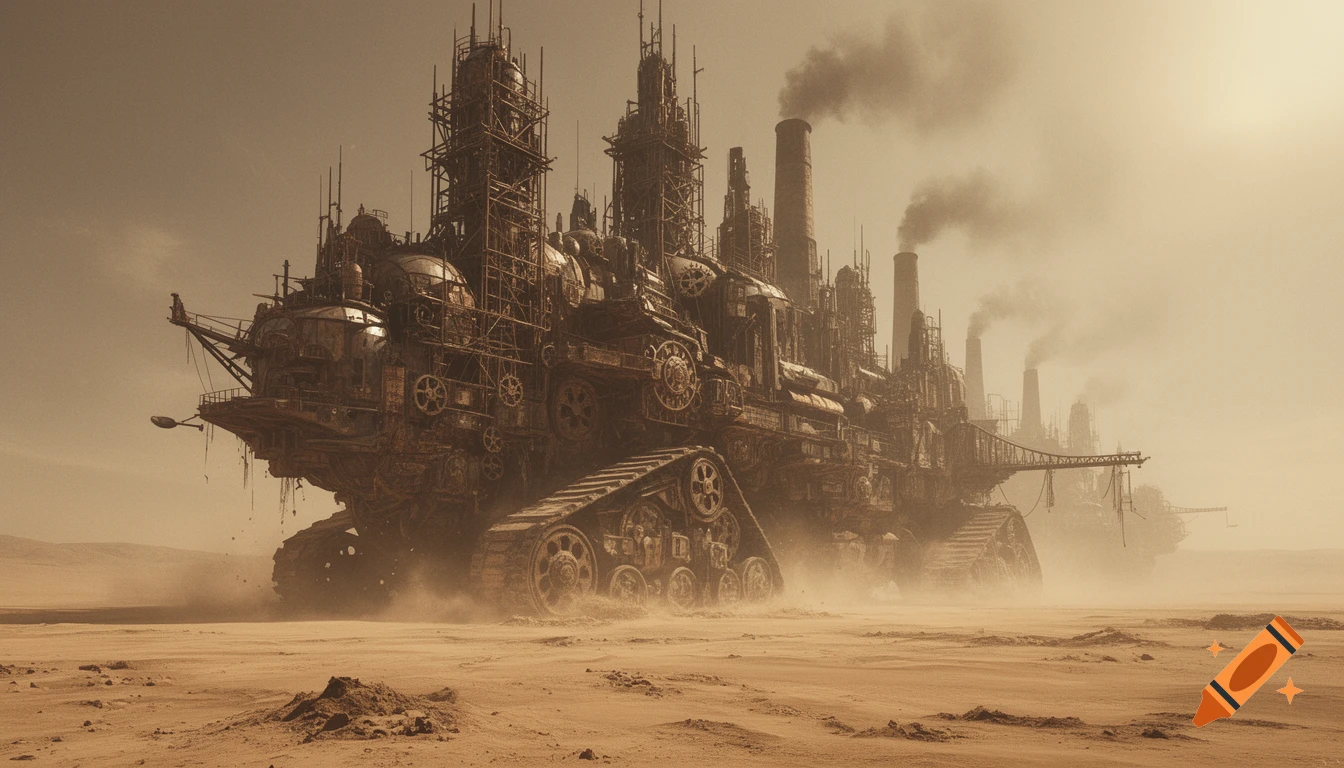 A colossal, rusty steampunk city on tank tracks traverses a dusty, desolate wasteland under a hazy sky, with smokestacks billowing smoke.