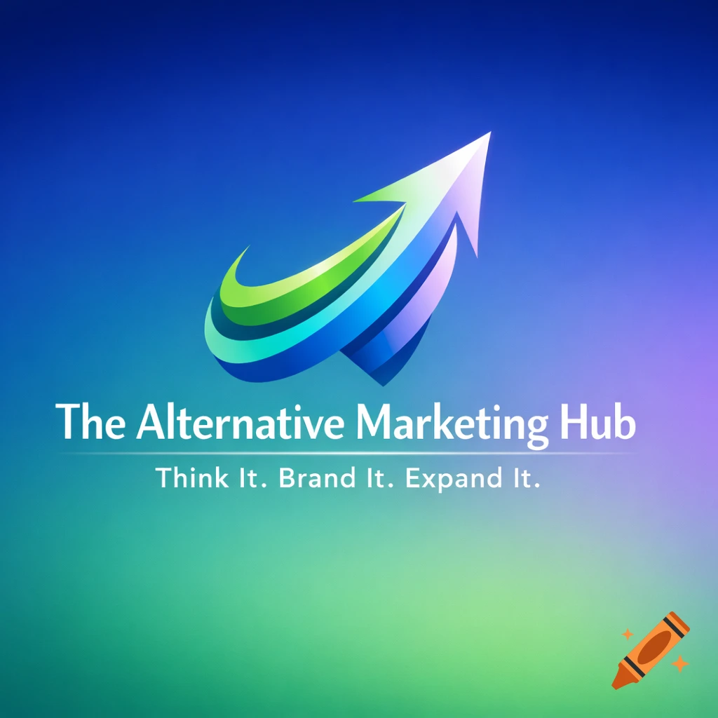 A vibrant logo with a flowing green, blue, and purple arrow pointing upwards, above the text 'The Alternative Marketing Hub' and 'Think It. Brand It. Expand It.' on a gradient background.