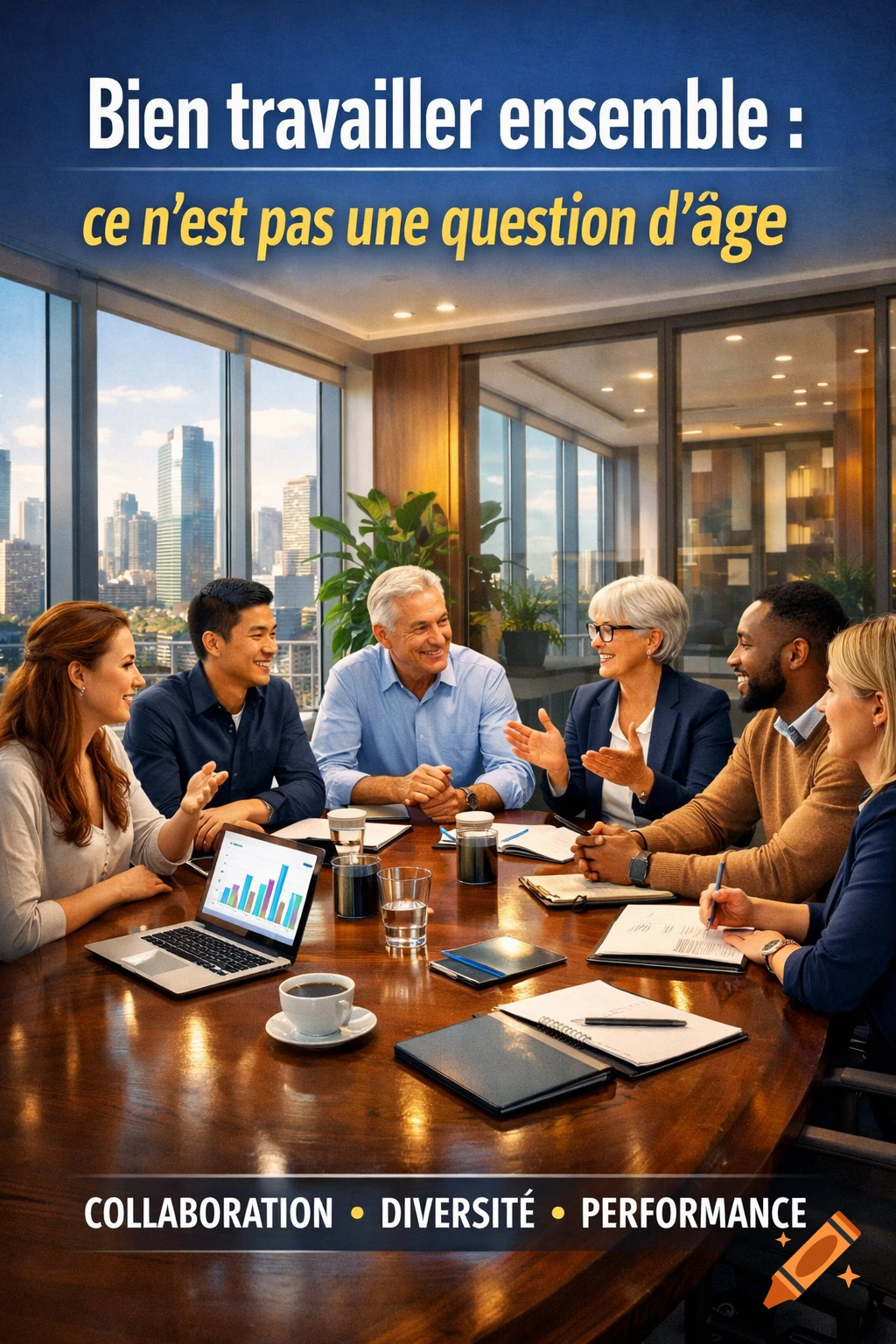 Diverse group of professionals collaborating around a conference table in a modern office with a city view, featuring text about working together regardless of age and keywords for collaboration, diversity, and performance.