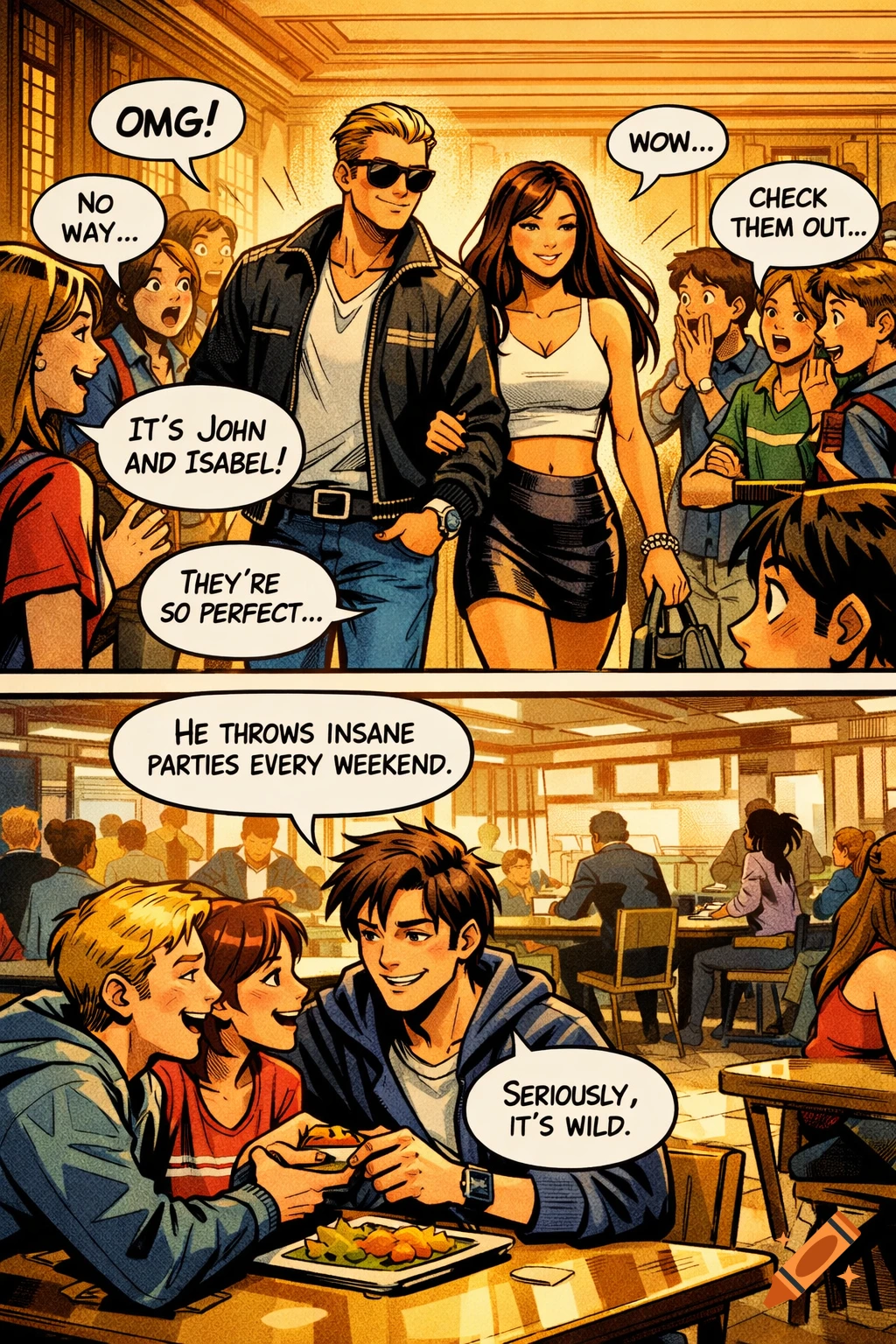 Comic book panels depicting high school life. Top: Popular couple John and Isabel walk through a crowd of admiring students. Bottom: Harry and friends chat at a table, discussing John.