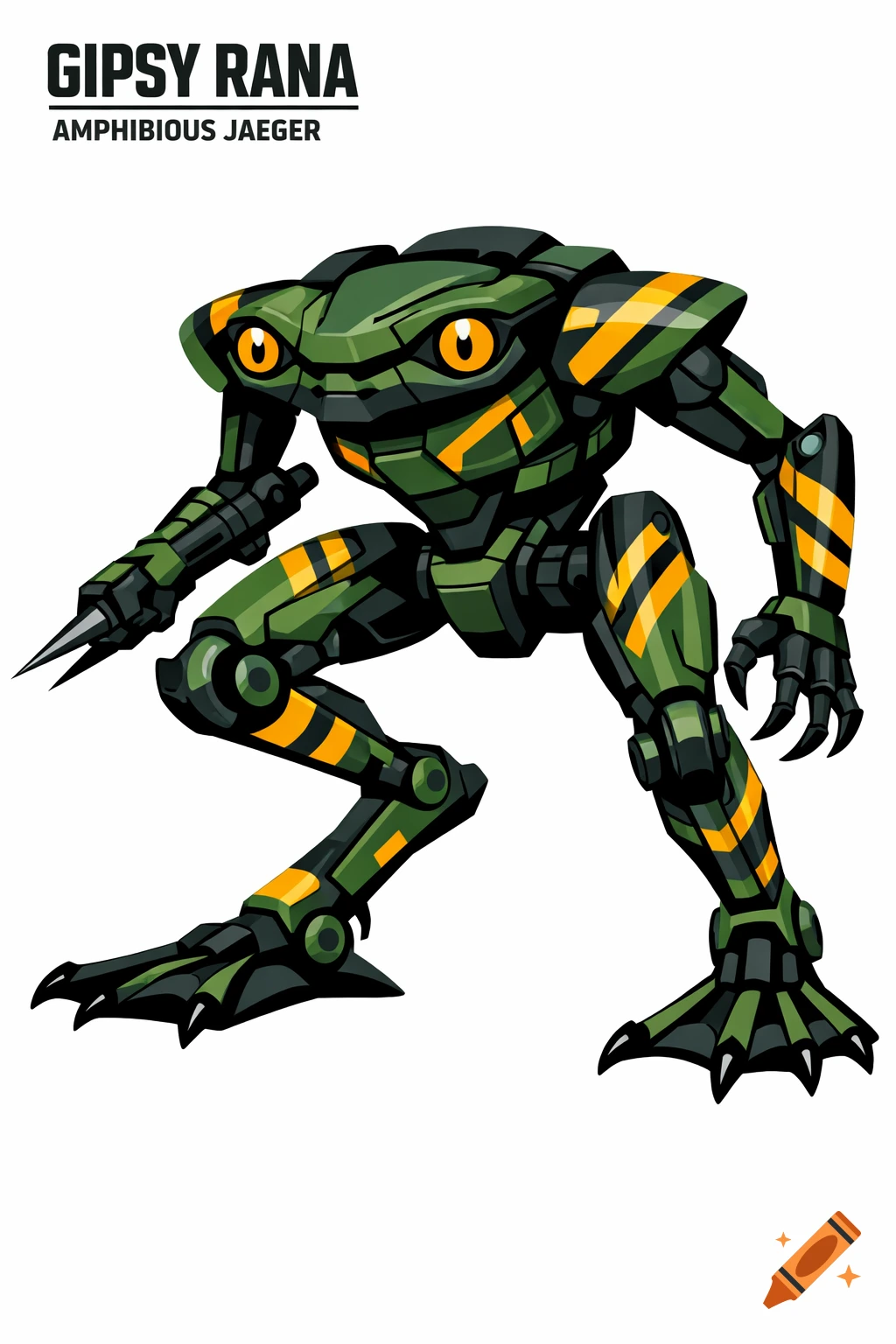 Stylized illustration of a green and black frog-like mecha named Gipsy Rana, Amphibious Jaeger, with yellow stripes and powerful limbs.