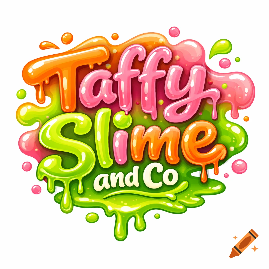 Colorful Taffy Slime and Co logo with dripping, bubbly orange, pink, and green letters on a white background.