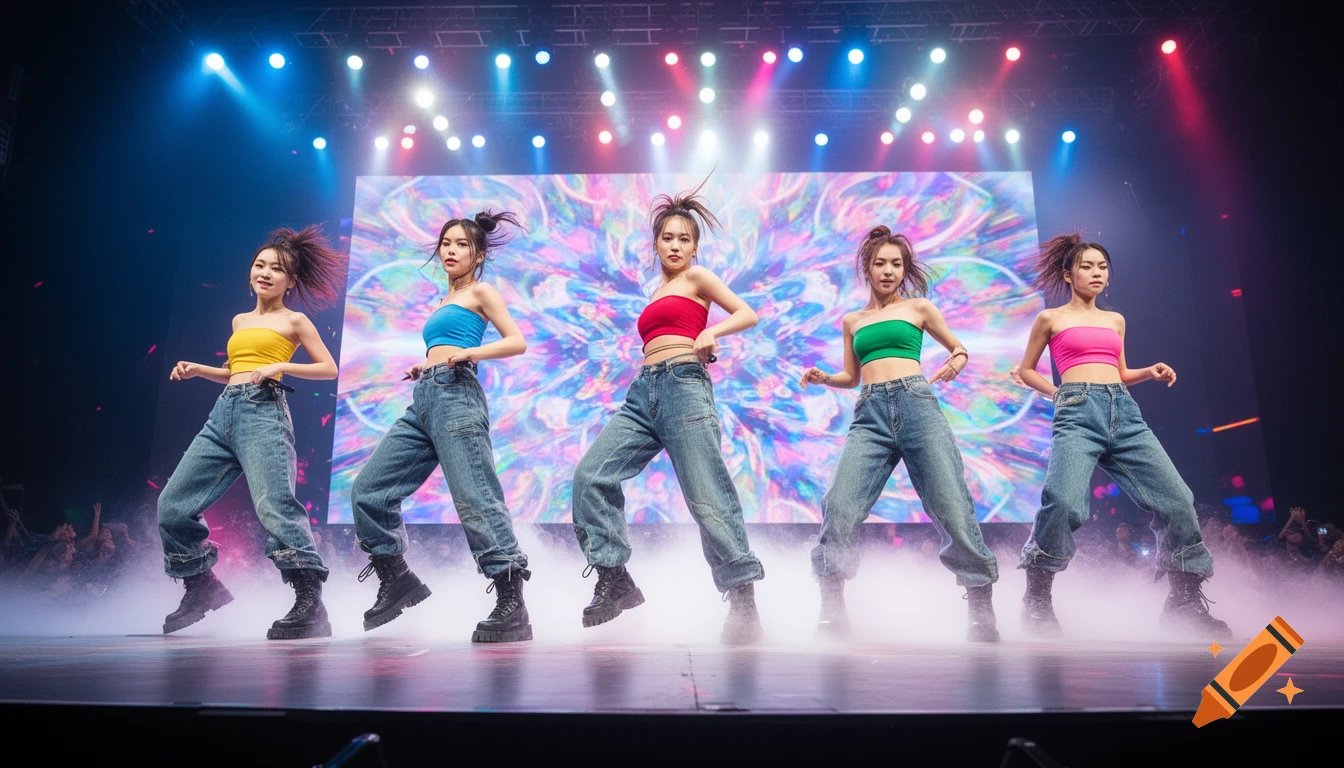 Five K-pop idol group members dancing on a misty stage with colorful lights and a vibrant screen background, wearing baggy jeans and tube tops.