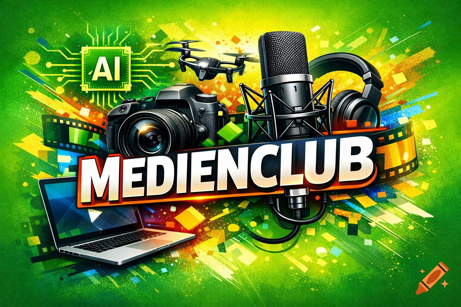 A vibrant green and yellow logo featuring a laptop, camera, microphone, drone, and an AI chip, with the prominent text "MEDIENCLUB" and "AI".