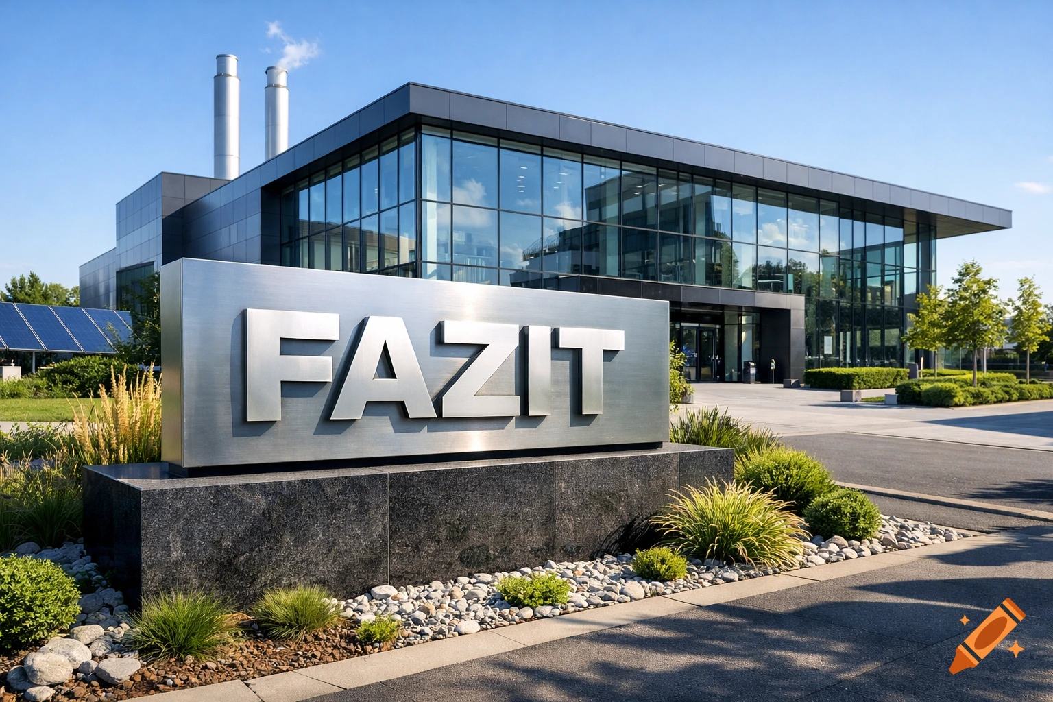 Photorealistic image of a modern corporate building with a large metal 'FAZIT' sign, surrounded by landscaping, under a clear sky.