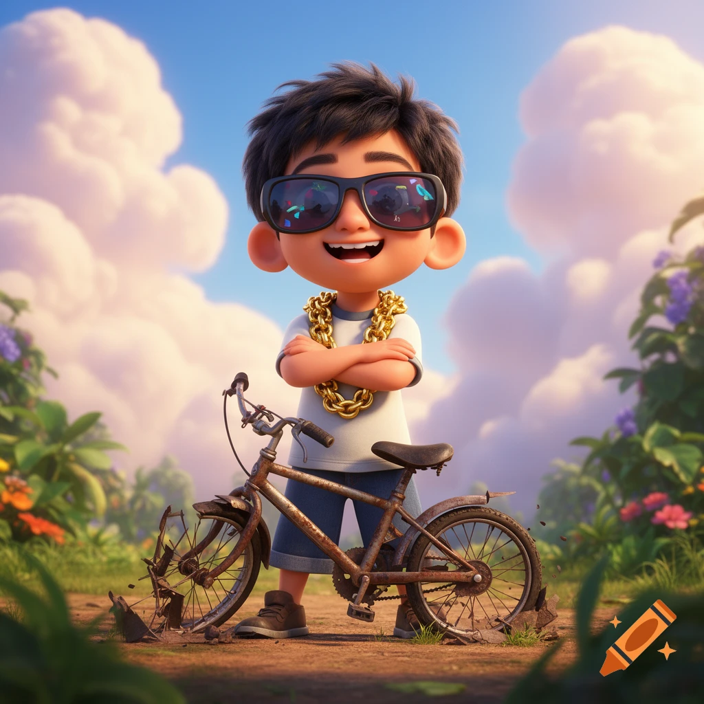 A cartoon boy in oversized sunglasses and gold chains stands proudly next to a broken bicycle, under a blue sky with clouds.
