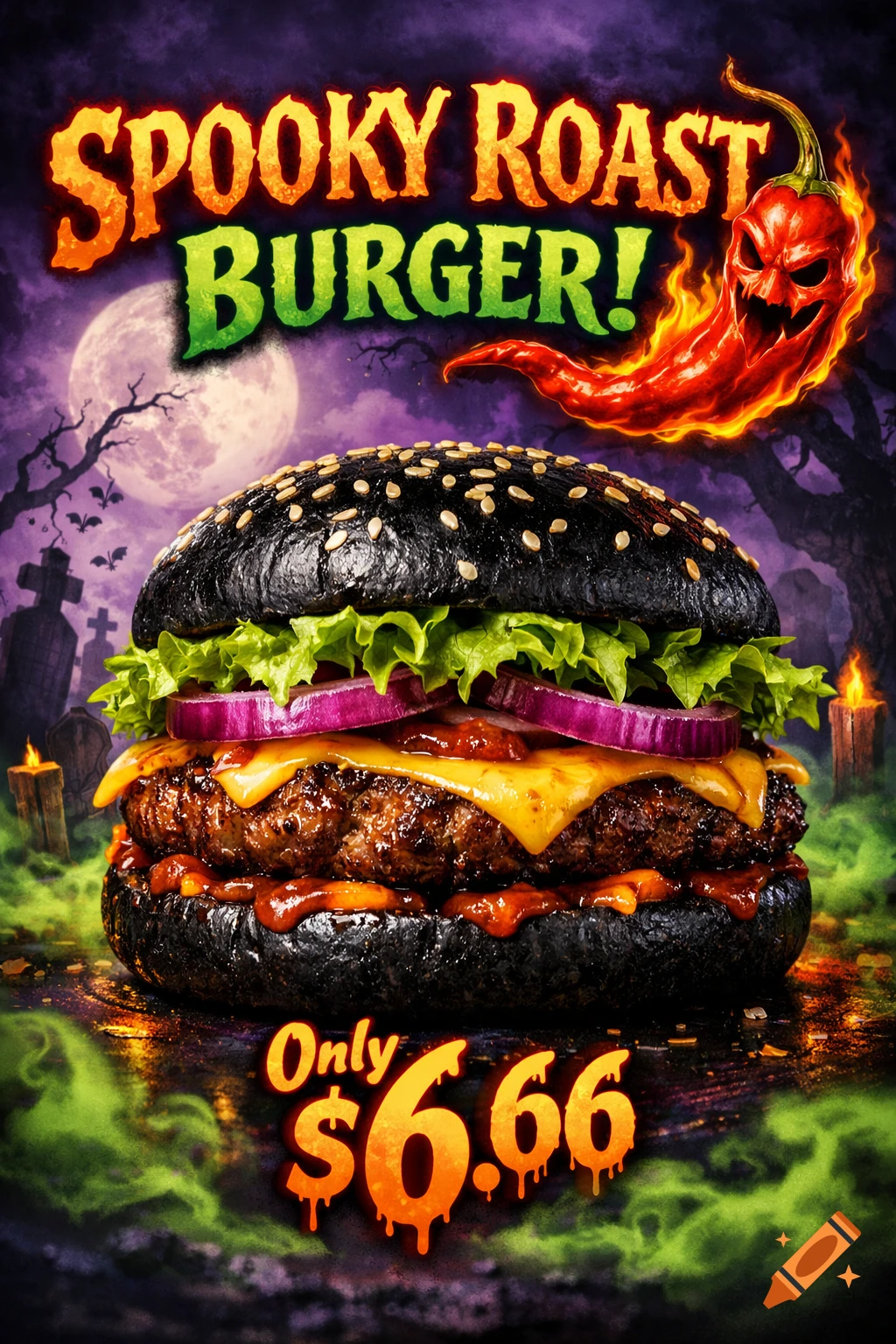 Halloween ad shows a dark bun burger with cheese and vegetables, graveyard background, flaming chili pepper, and text 'Spooky Roast Burger! Only $6.66'.