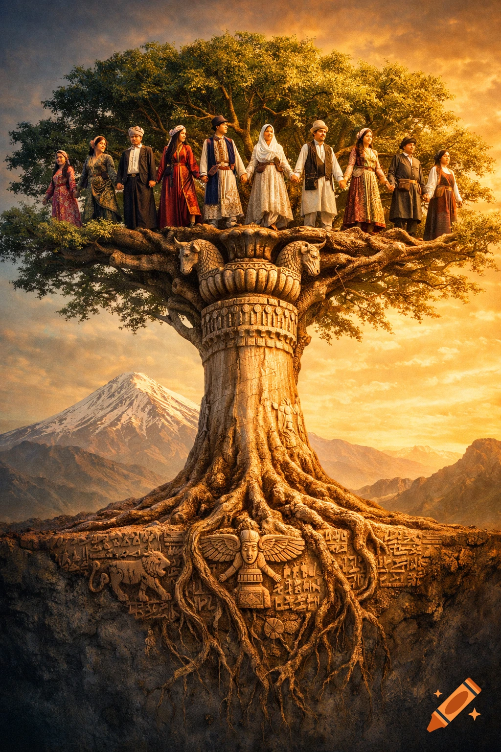 People in traditional clothing hold hands atop a majestic tree with ancient column roots, carved with symbols. Mount Damavand in the background at sunrise.