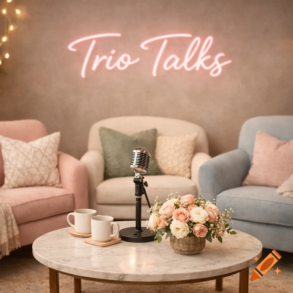 A cozy podcast studio with three armchairs, a marble coffee table, a microphone, flowers, and a neon 'Trio Talks' sign.