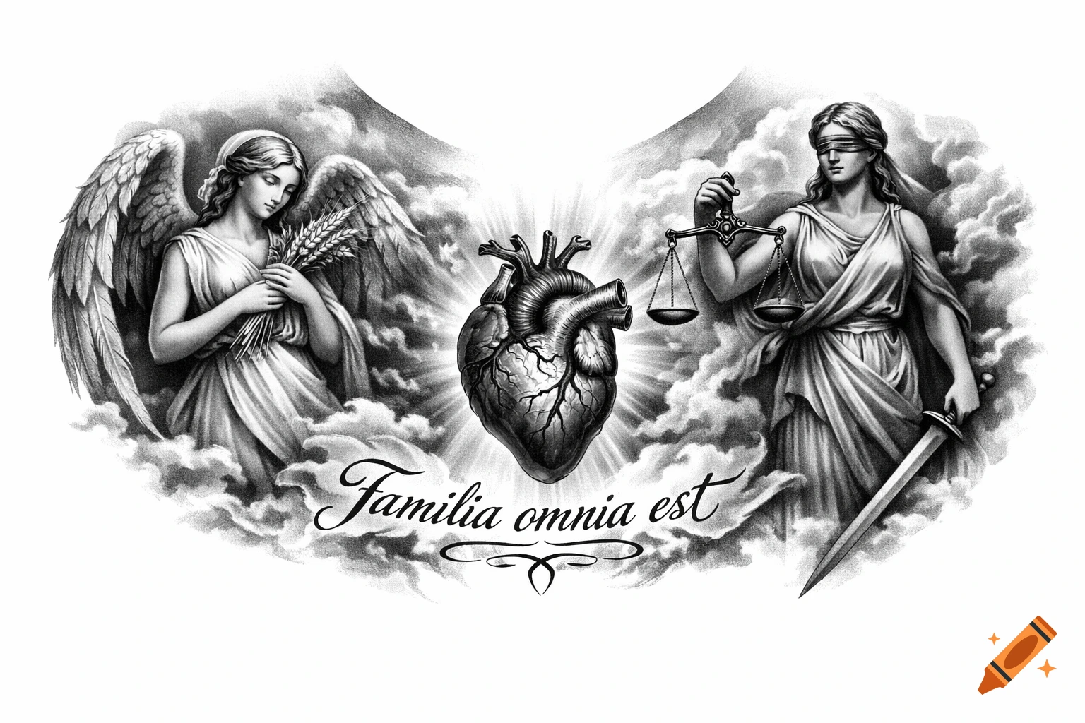 Black and gray tattoo design with an angel, anatomical heart, and Lady Justice. Text reads Familia omnia est.
