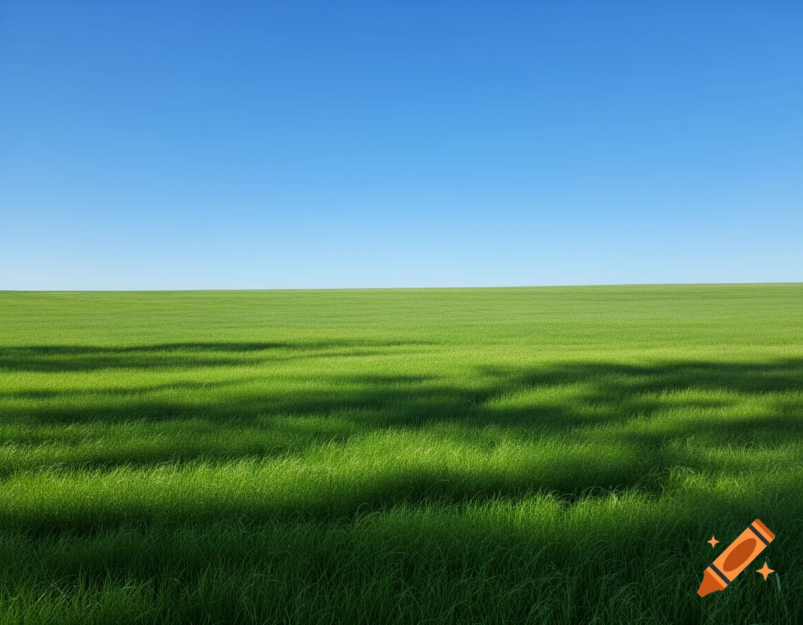 A vibrant green meadow stretches under a clear blue sky, with soft shadows cast across the grass.