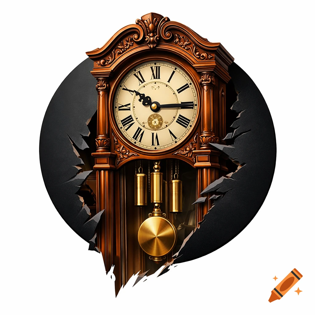 A detailed wooden grandfather clock with Roman numerals and golden pendulums breaks out of a black circular frame with jagged edges.