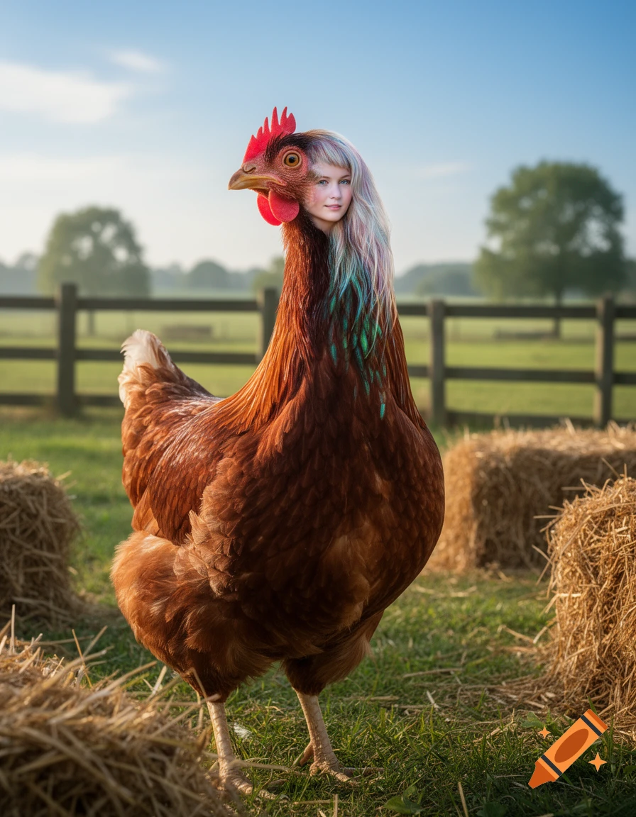A photorealistic image of a woman's head with colorful hair on a chicken's body, standing in a rural field with hay bales.