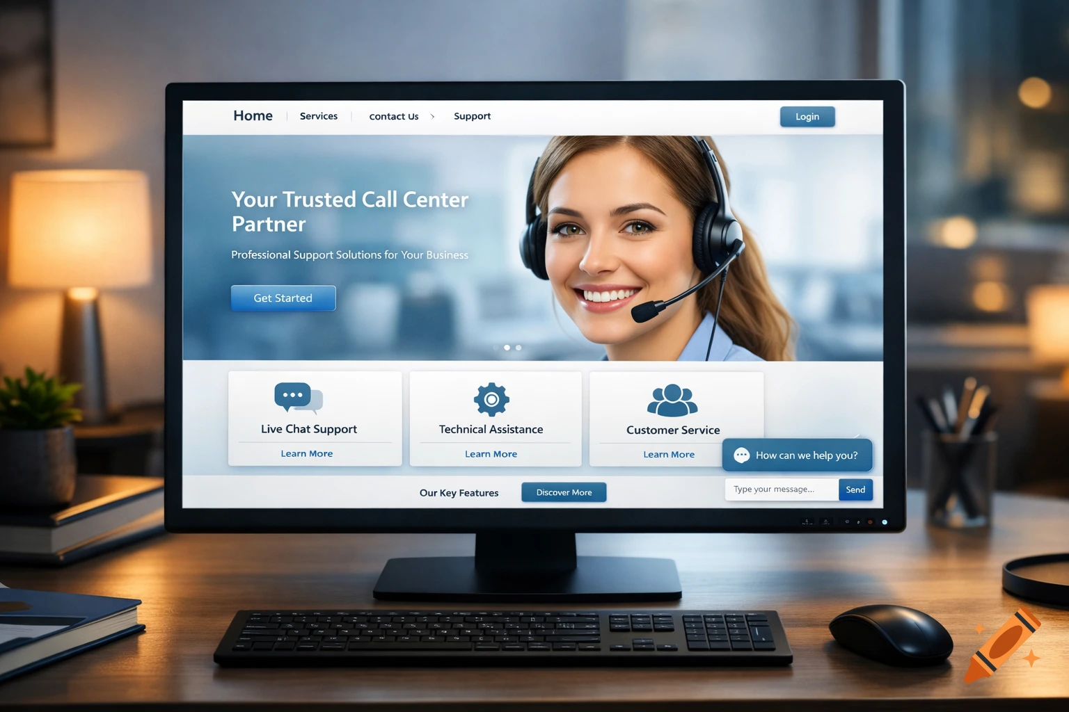 A computer monitor on a wooden desk displays a call center webpage featuring a smiling agent with a headset.