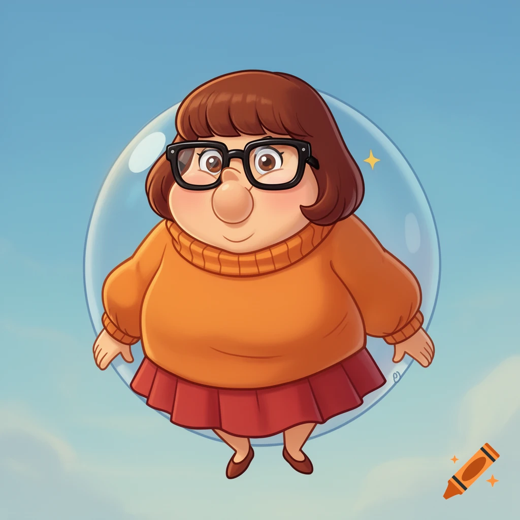 Cartoon Velma from Scooby-Doo, inflated and round like a balloon, floating in a clear bubble against a blue sky.