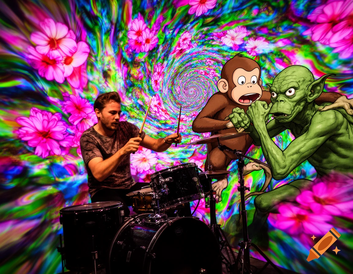 A man plays drums as cartoon Curious George is embraced by a green Gollum, against a vibrant, swirling psychedelic floral background.