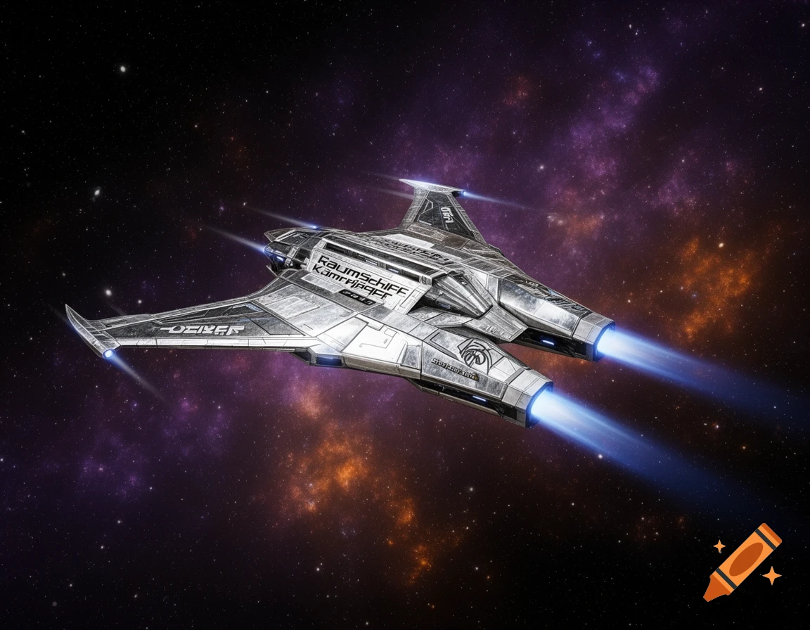 A sleek silver spaceship with blue engine thrusters flies through a vibrant purple and orange nebula in deep space.