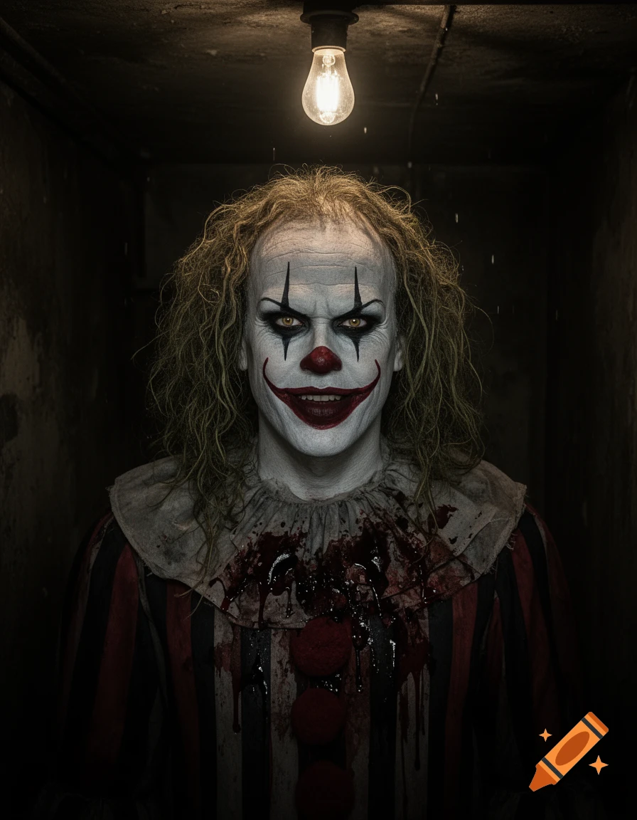 A scary clown with white face paint, a red nose and mouth, dark eye makeup, stringy hair, and a blood-stained ruffled collar, stands under a single bare lightbulb in a dark room.