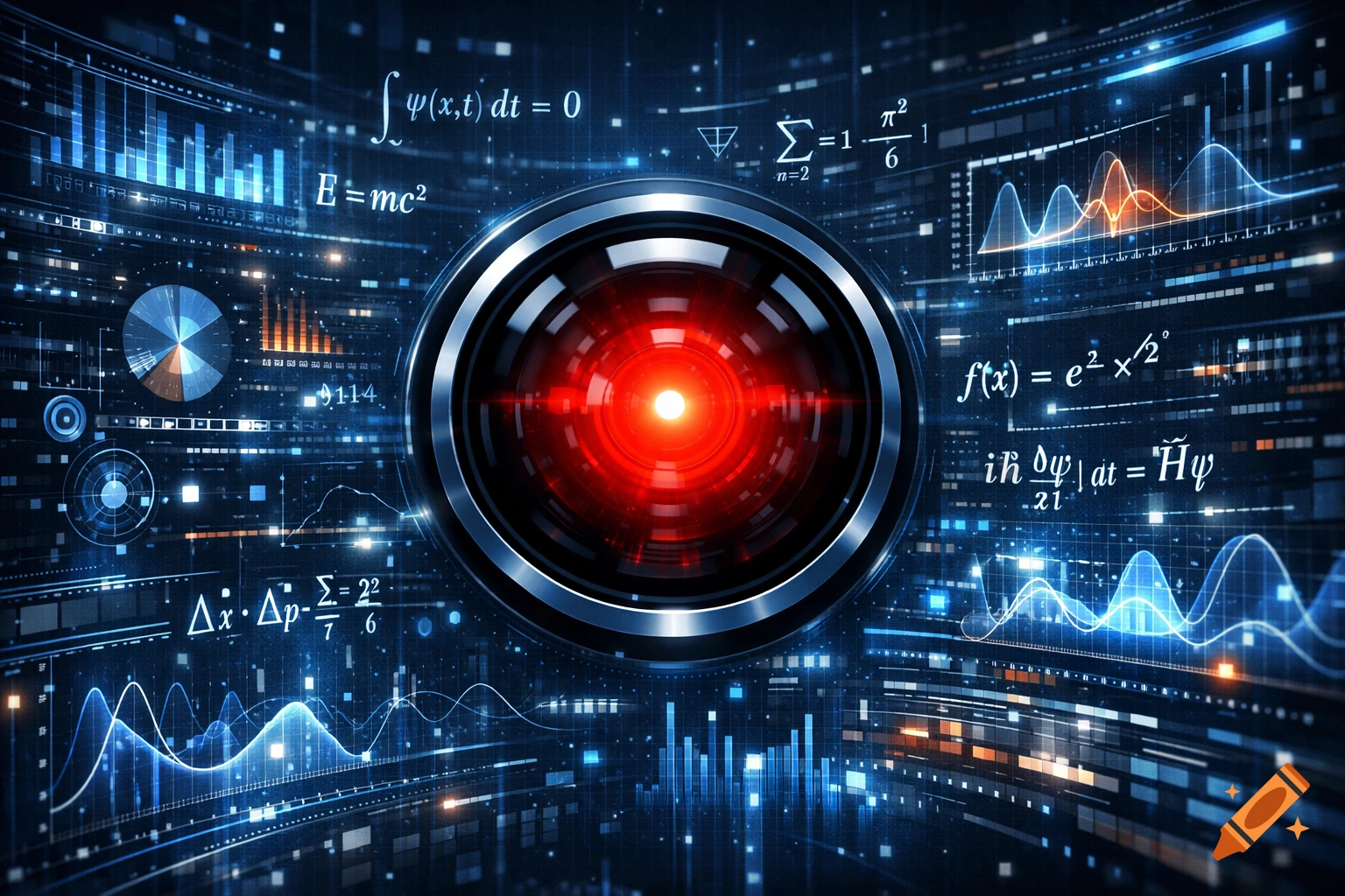 A glowing red AI eye, reminiscent of HAL 9000, surrounded by holographic mathematical formulas, graphs, and digital data visualizations in blue and orange on a dark background.
