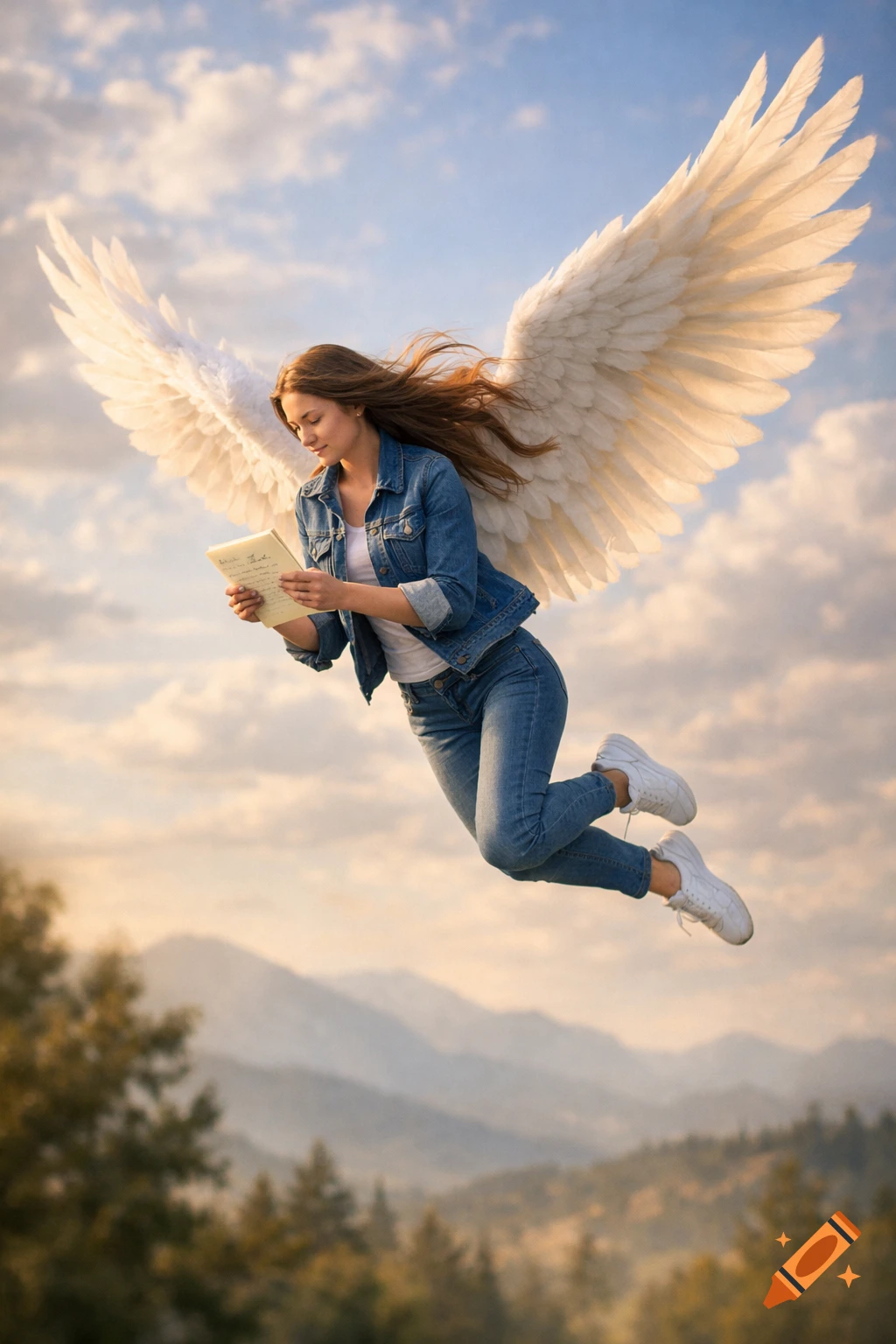 A photorealistic angelic woman in casual clothes floats in a cloudy sky, reading a note. Mountains and trees are below.