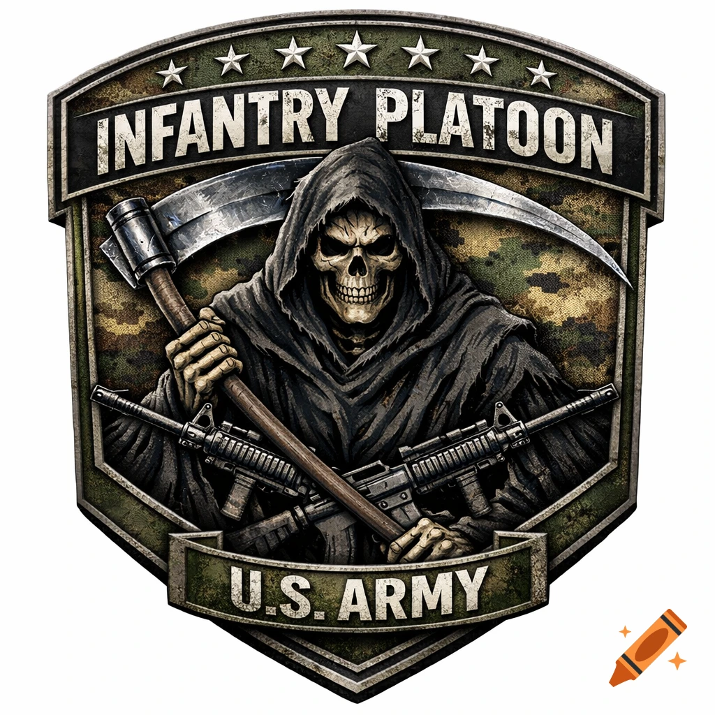 A military emblem features a Grim Reaper holding a scythe and rifles over camouflage, with text 'INFANTRY PLATOON' and 'U.S. ARMY'.