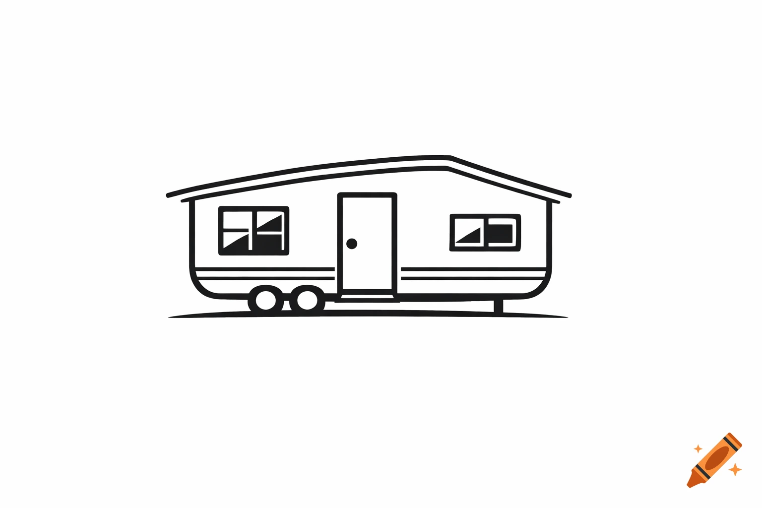 A black and white line art logo of a mobile home with two windows, a door, and two wheels.
