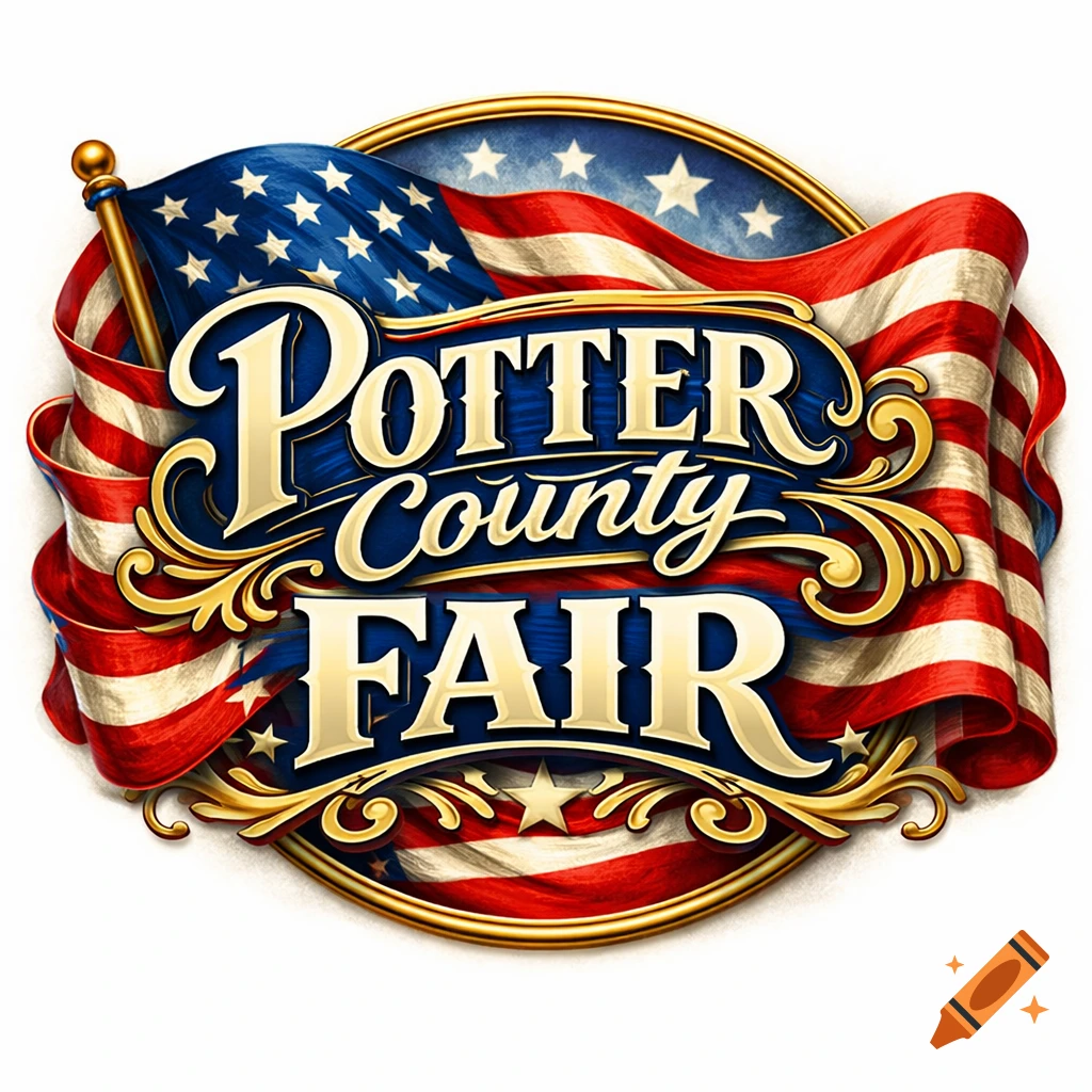 Patriotic logo for Potter County Fair with gold text over a waving American flag, framed by gold flourishes.