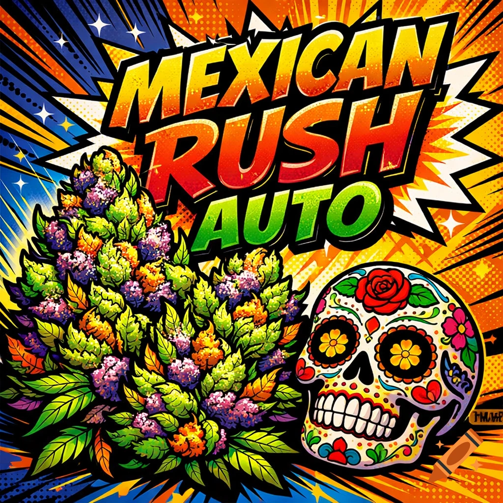 Vibrant comic art featuring colorful cannabis buds, a 'Mexican Rush Auto' title, and a decorated Dia de los Muertos sugar skull.