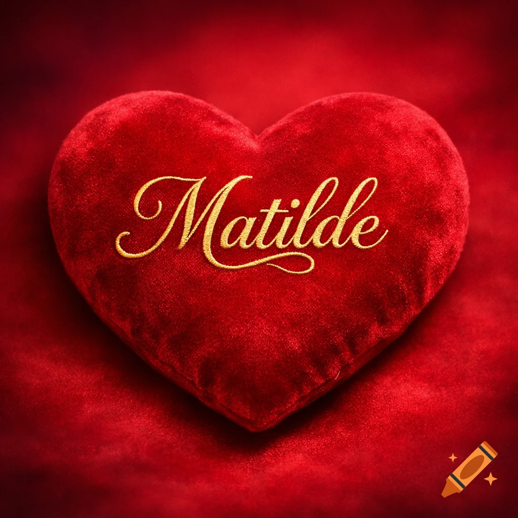 A red velvet heart with the name 'Matilde' embroidered in gold script, centered on a red background.