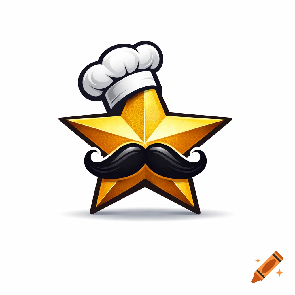 A cartoonish logo featuring a golden star wearing a white chef's hat and a black mustache.