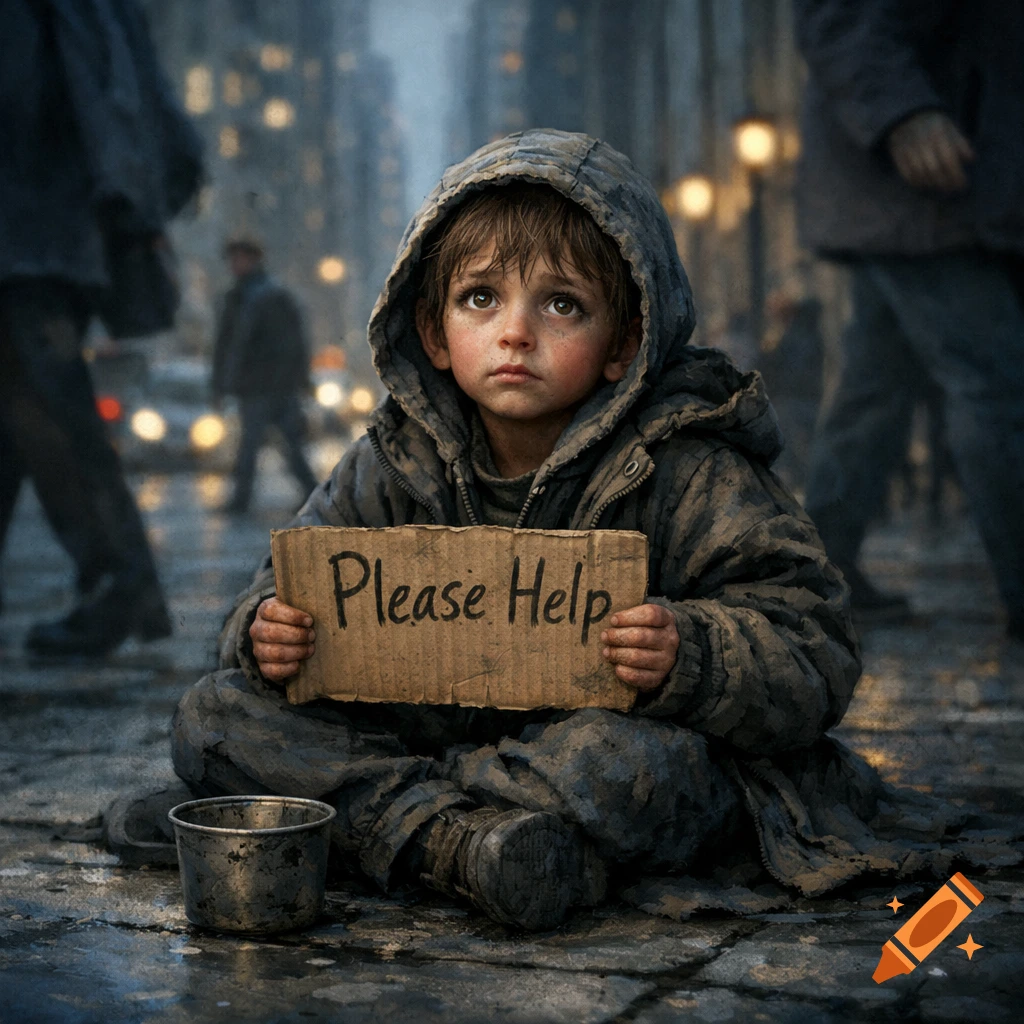 A young, sad, dirty child in a hooded coat sits on a wet city street, holding a cardboard sign that says 'Please Help'.