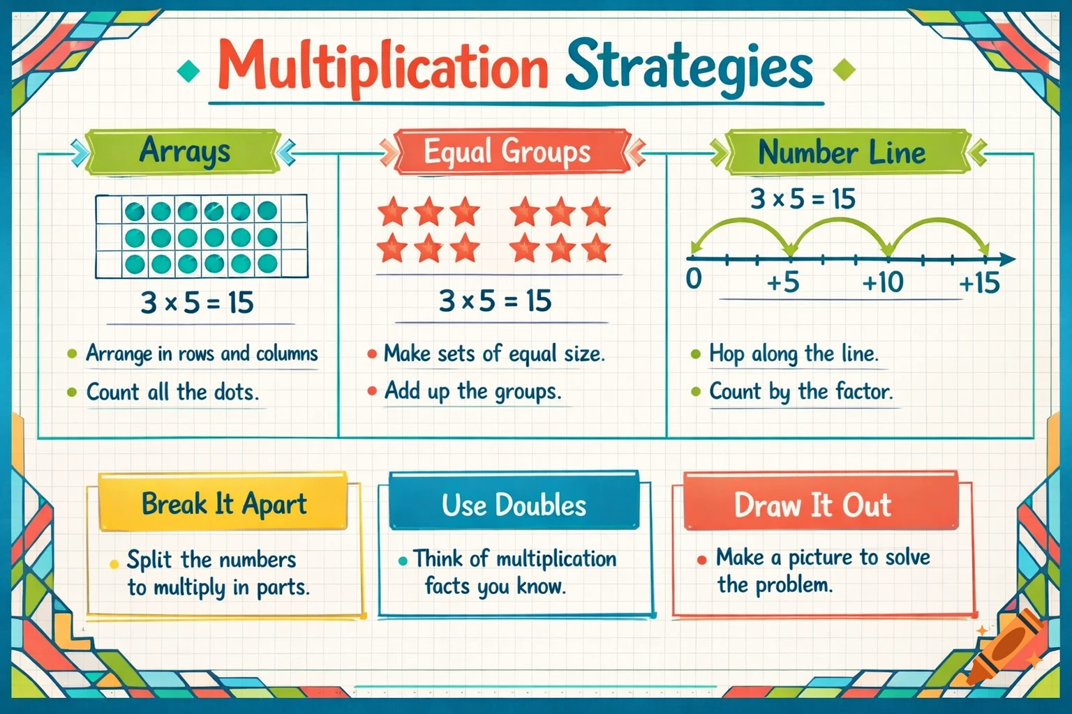 Colorful educational anchor chart detailing multiplication strategies with visual models and tips for arrays, equal groups, and number lines.