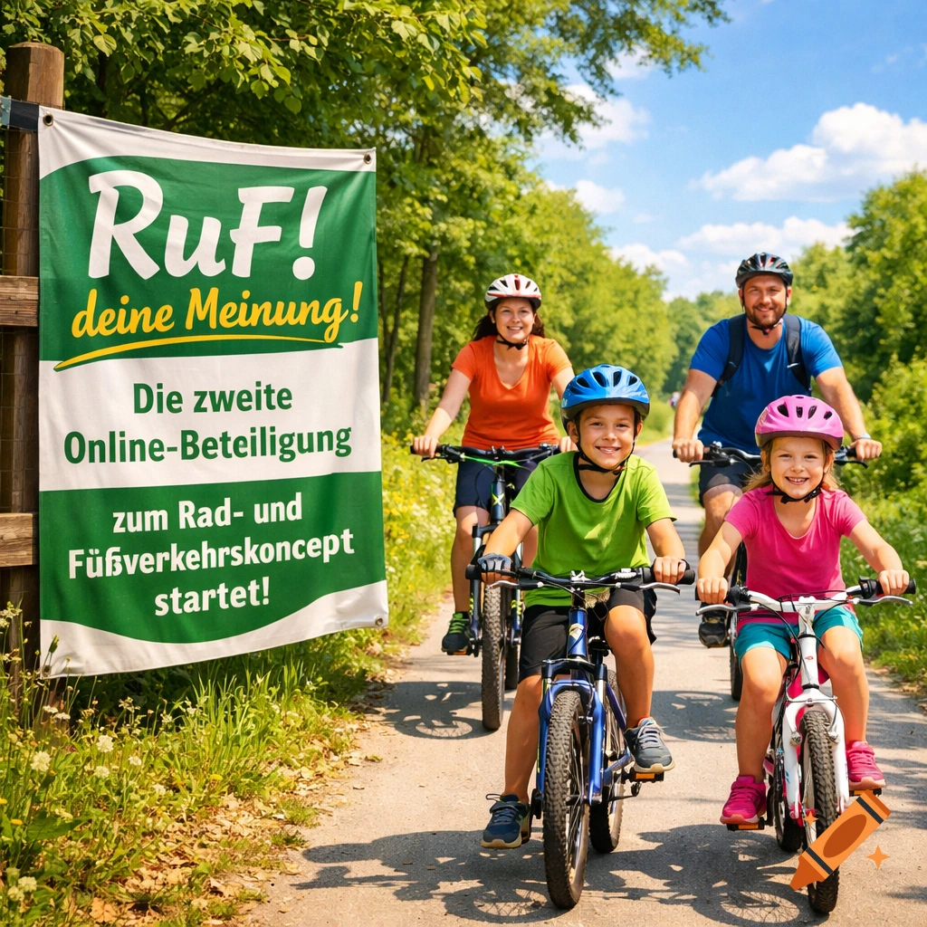 A family cycles on a sunny dirt path through a forest, with a green and white banner on the left with German text.