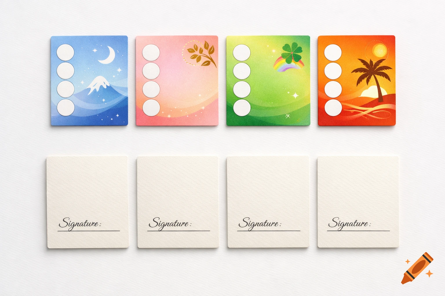Eight cards in two rows; top row has colorful illustrations and four circles, bottom row is off-white with 'Signature:' and a line.