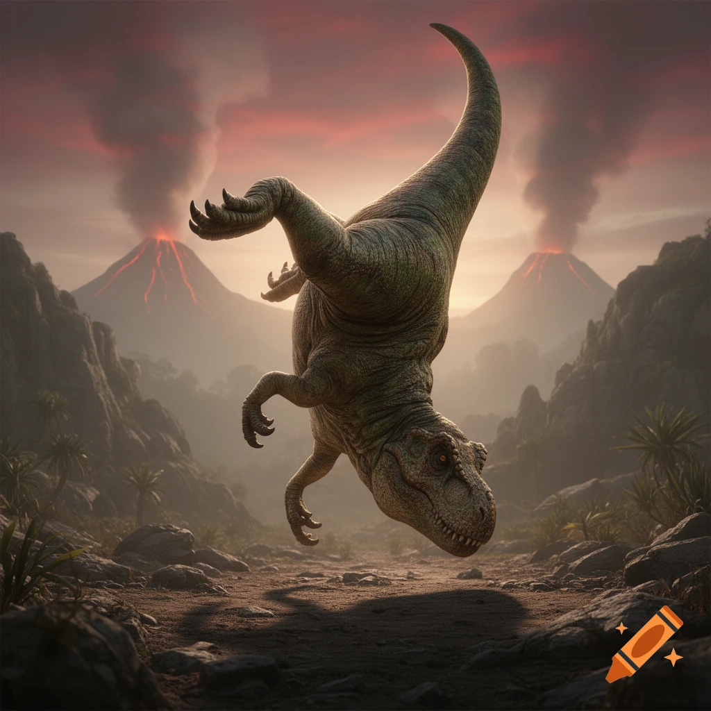 A photorealistic T-Rex, upside down, appears to perform a handstand in a prehistoric landscape with erupting volcanoes.