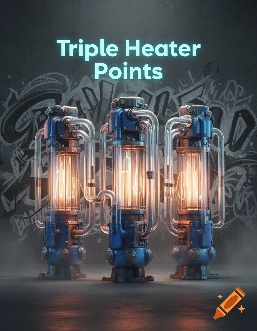 Three blue and glass industrial heaters with glowing filaments on a concrete floor with graffiti, text 'Triple Heater Points' above.
