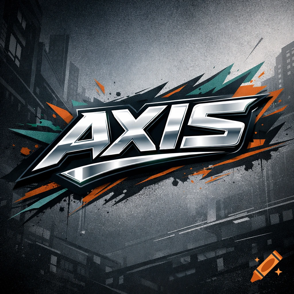 A metallic 'AXIS' logo with a black outline, set against a dark, gritty urban background with orange and teal paint splatters.