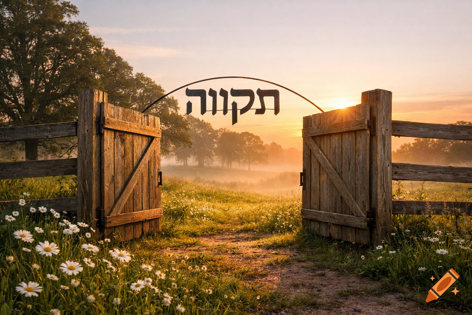 An open wooden gate leads to a path through a field of daisies, covered in morning mist, under a warm sunrise, with the Hebrew word for 'Hope' above the gate.