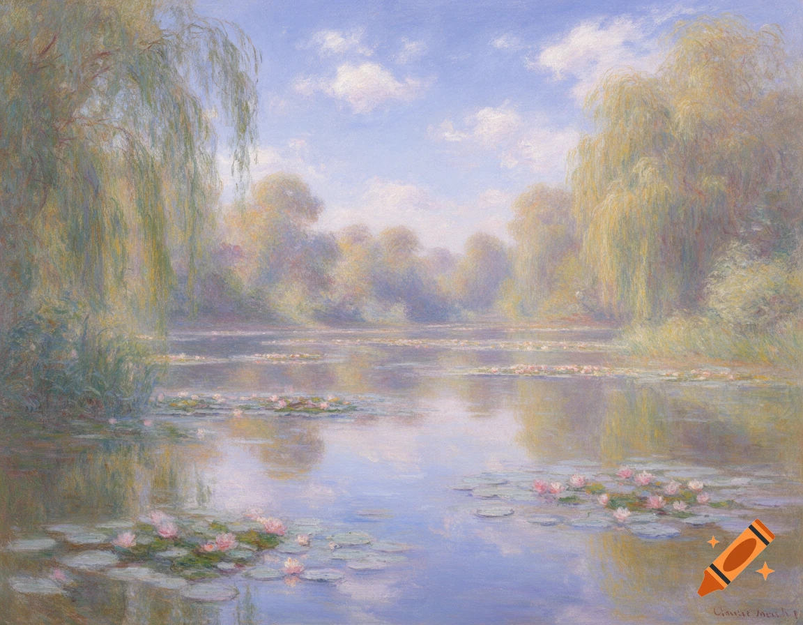 Impressionist painting of a pond with pink water lilies, weeping willows, and soft reflections under a cloudy blue sky.