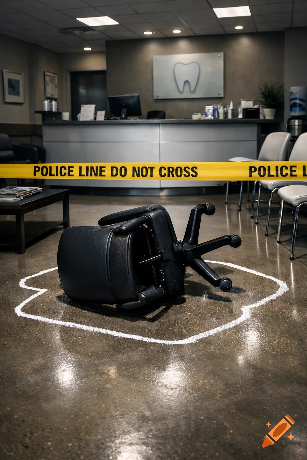 Photorealistic crime scene in a dentist's waiting room with an overturned office chair, chalk outline, and police tape.