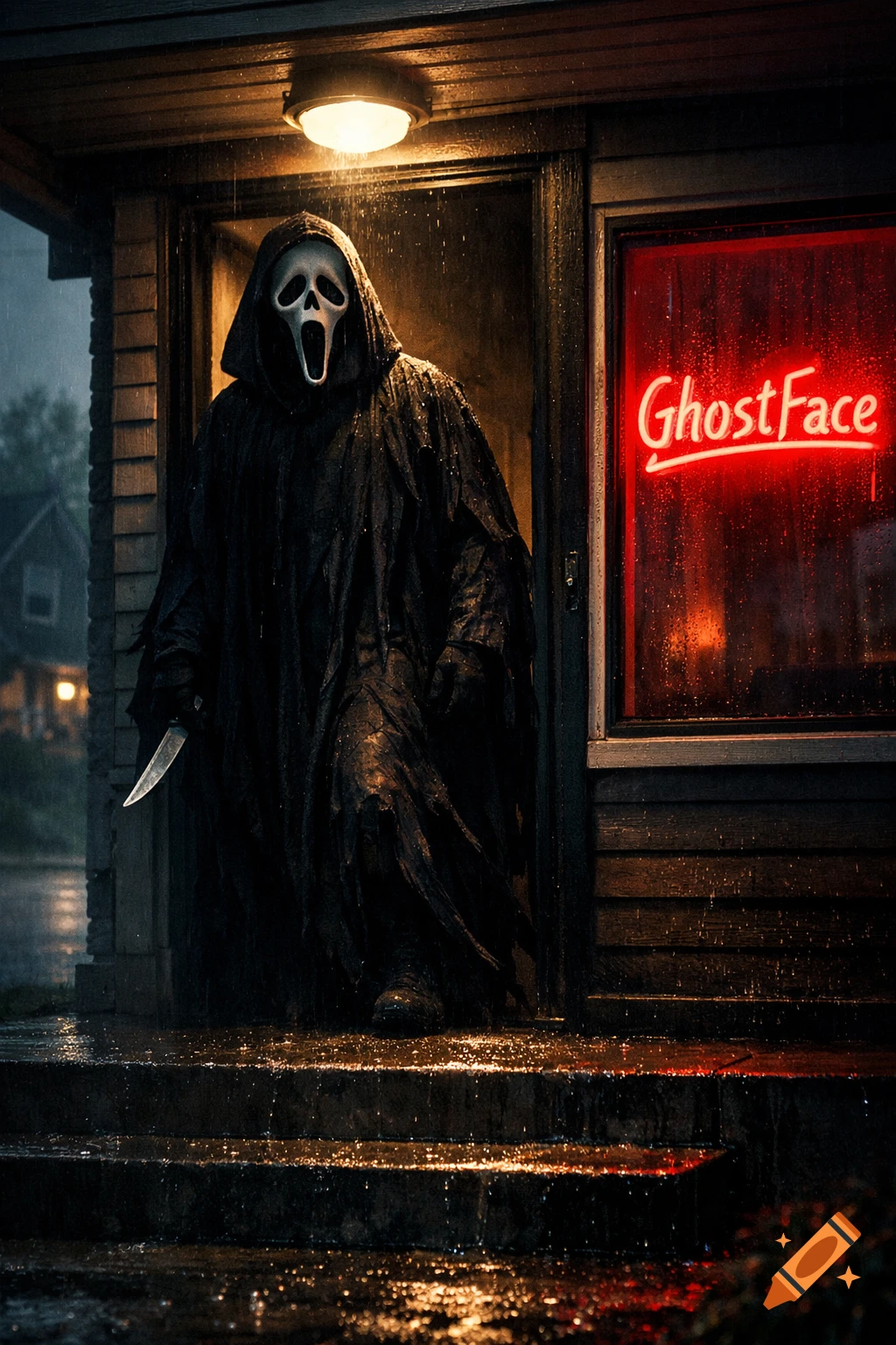 A figure in a black hooded cloak and Ghostface mask stands in a doorway during heavy rain, holding a knife. A red neon sign reads "GhostFace".