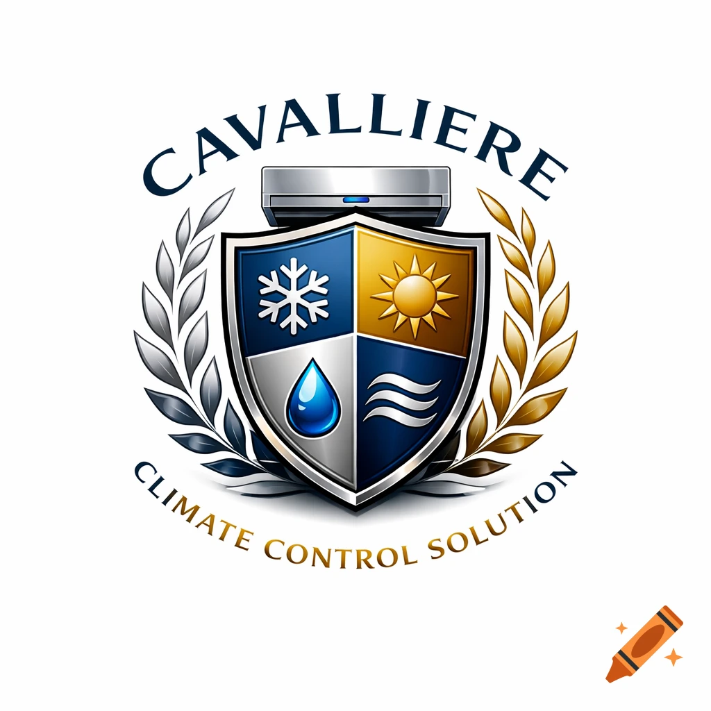 Cavalliere Climate Control Solution logo: shield with snowflake, sun, water, waves, an AC unit, and laurel wreaths.