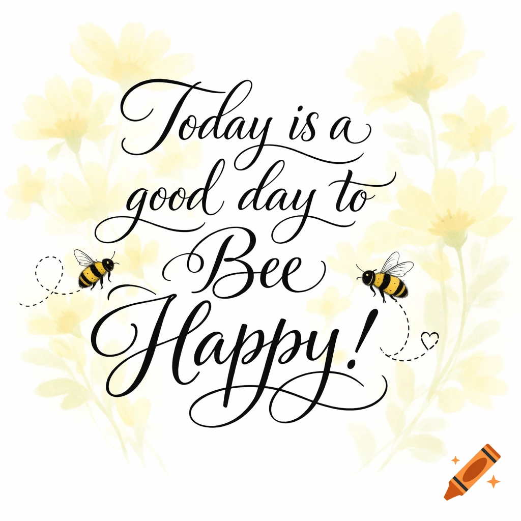 Calligraphy quote 'Today is a good day to Bee Happy!' with two bees and transparent yellow flowers.