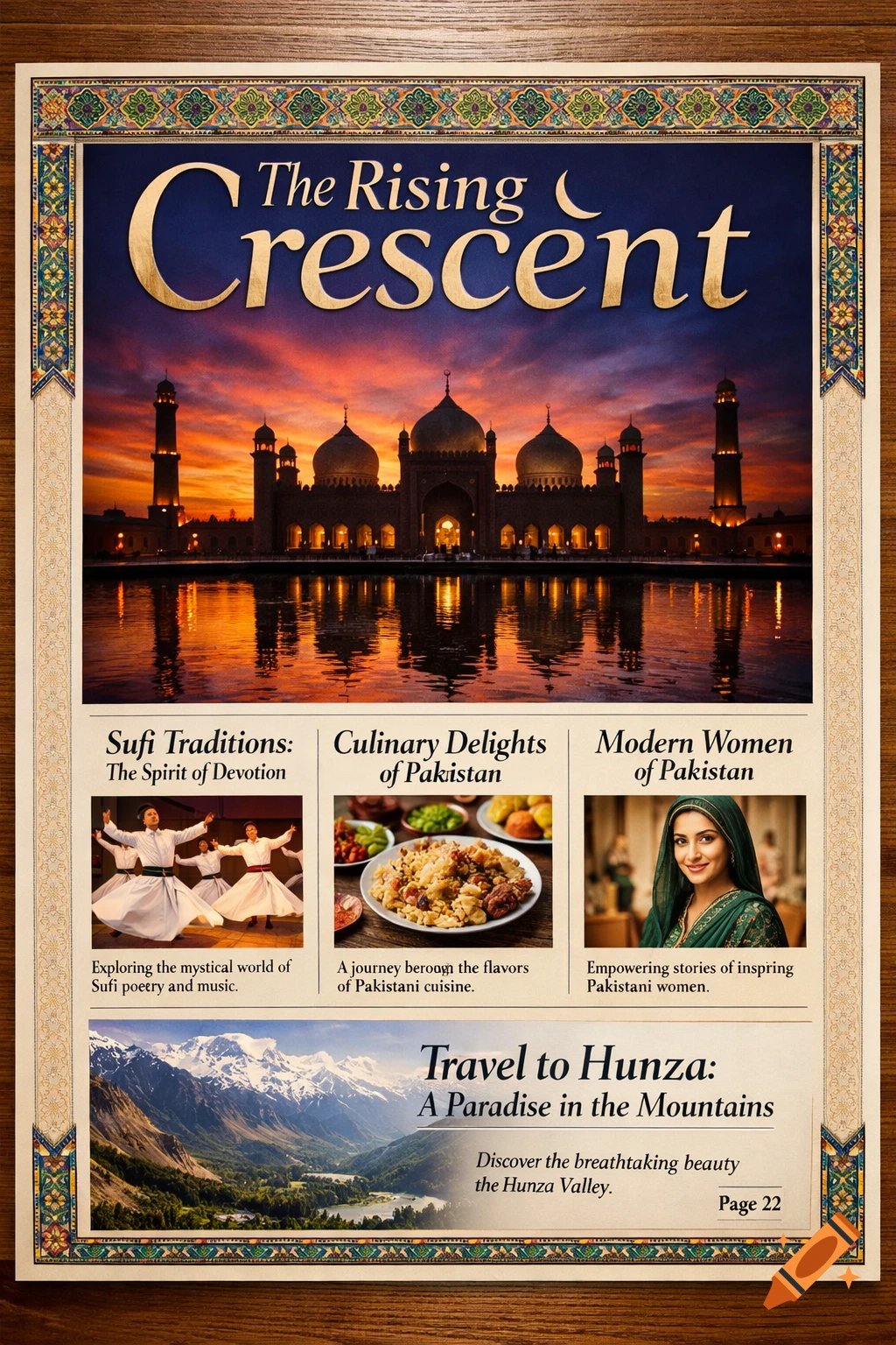 A magazine cover titled "The Rising Crescent" featuring a mosque at sunset, Sufi dancers, Pakistani cuisine, a woman in traditional dress, and a mountain valley, highlighting Pakistan's culture and landscapes.