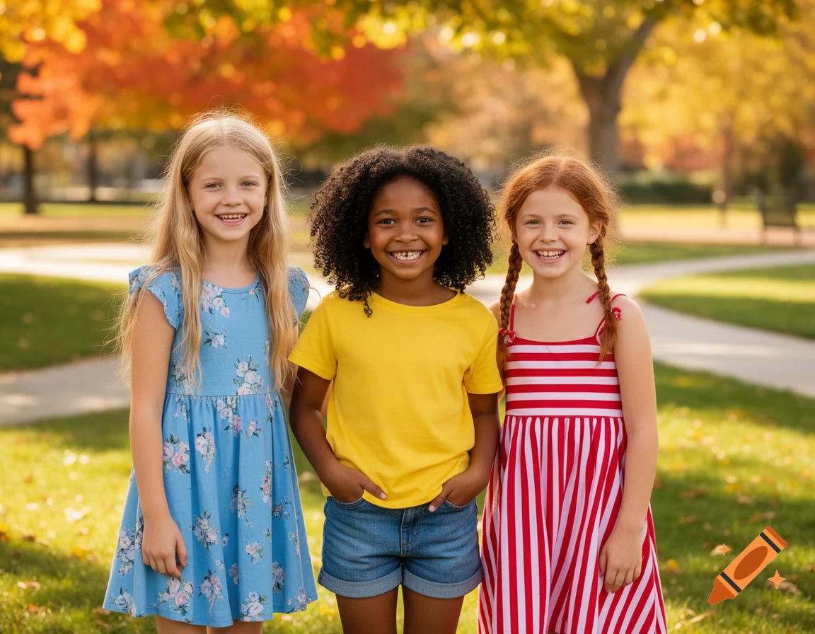 Three smiling girls standing together outdoors in a park with colorful ...