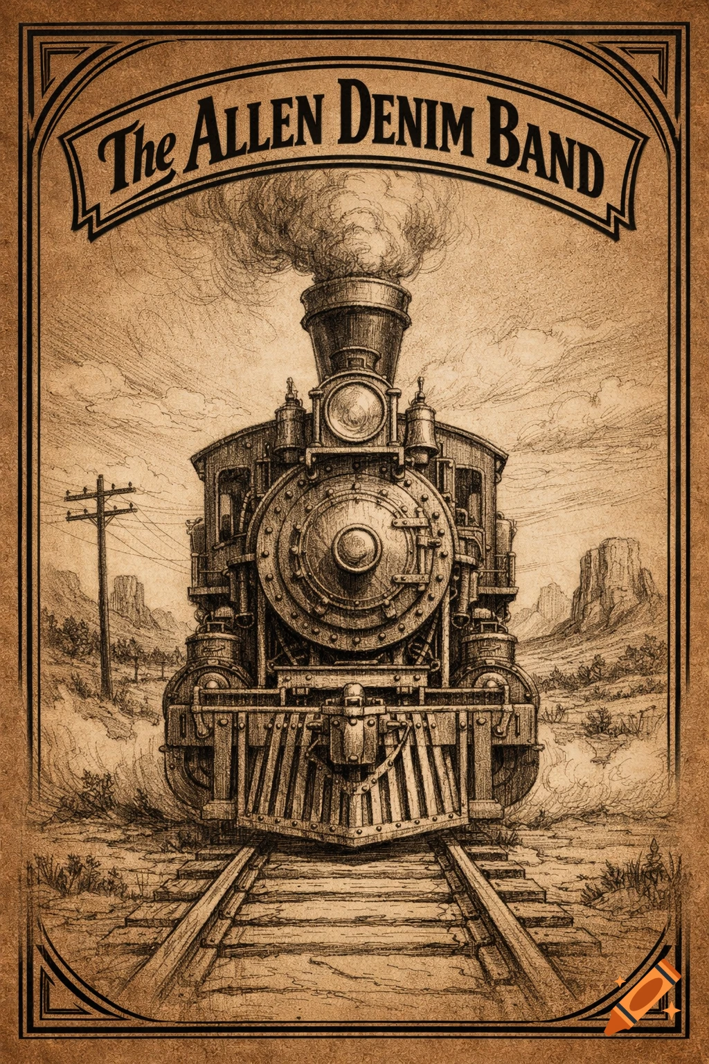 Vintage sepia-toned pencil sketch of an old train in a Western landscape with 'The Allen Denim Band' text.