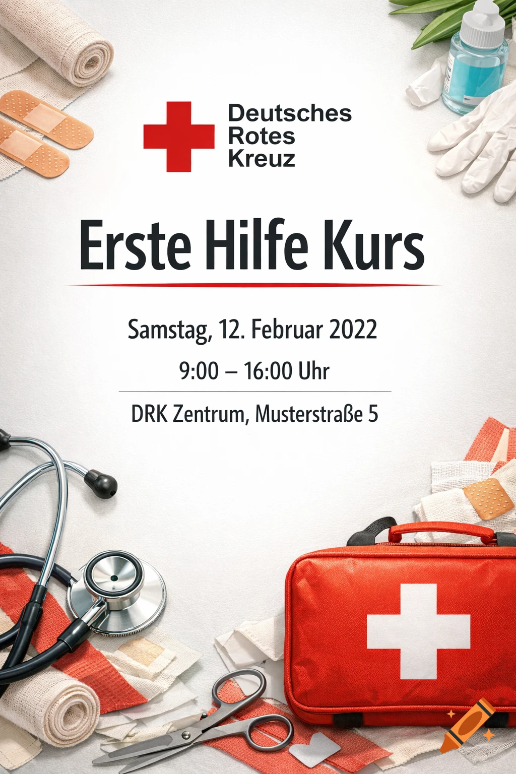 Poster for a German Red Cross first aid course, featuring text, a stethoscope, bandages, scissors, and a first aid kit.