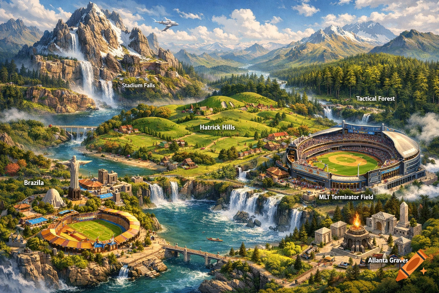 A colorful, isometric fantasy map featuring mountains, waterfalls, rivers, forests, two large stadiums, and various towns labeled with names.