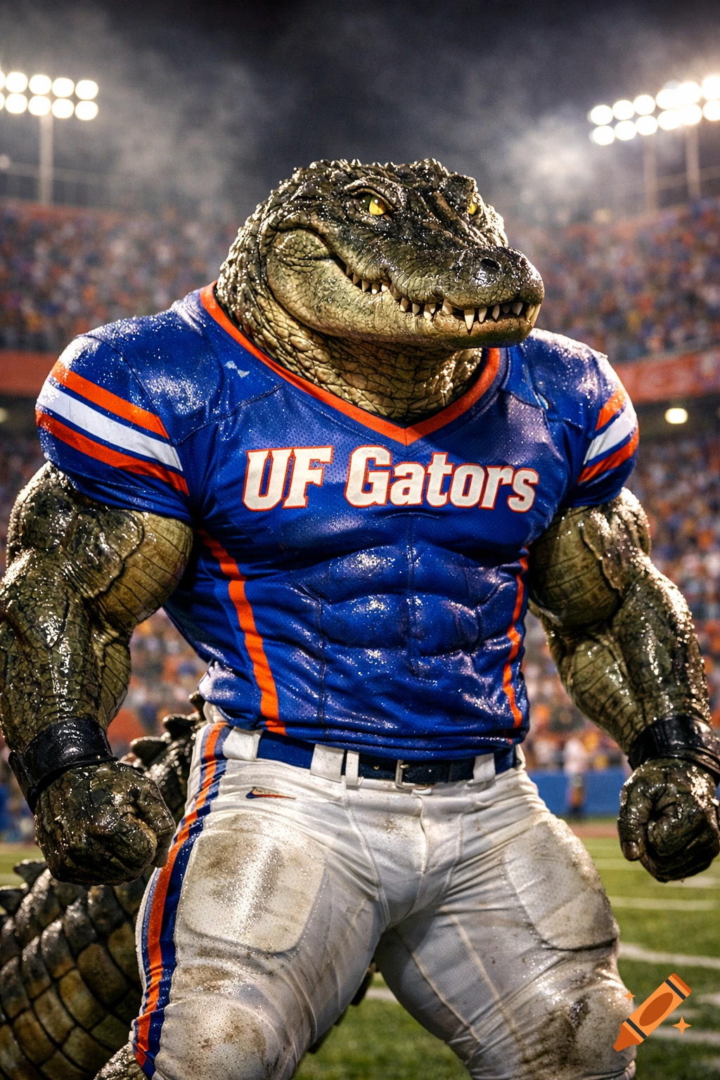 A muscular, humanoid alligator in a blue "UF Gators" football uniform stands on a stadium field under bright lights.